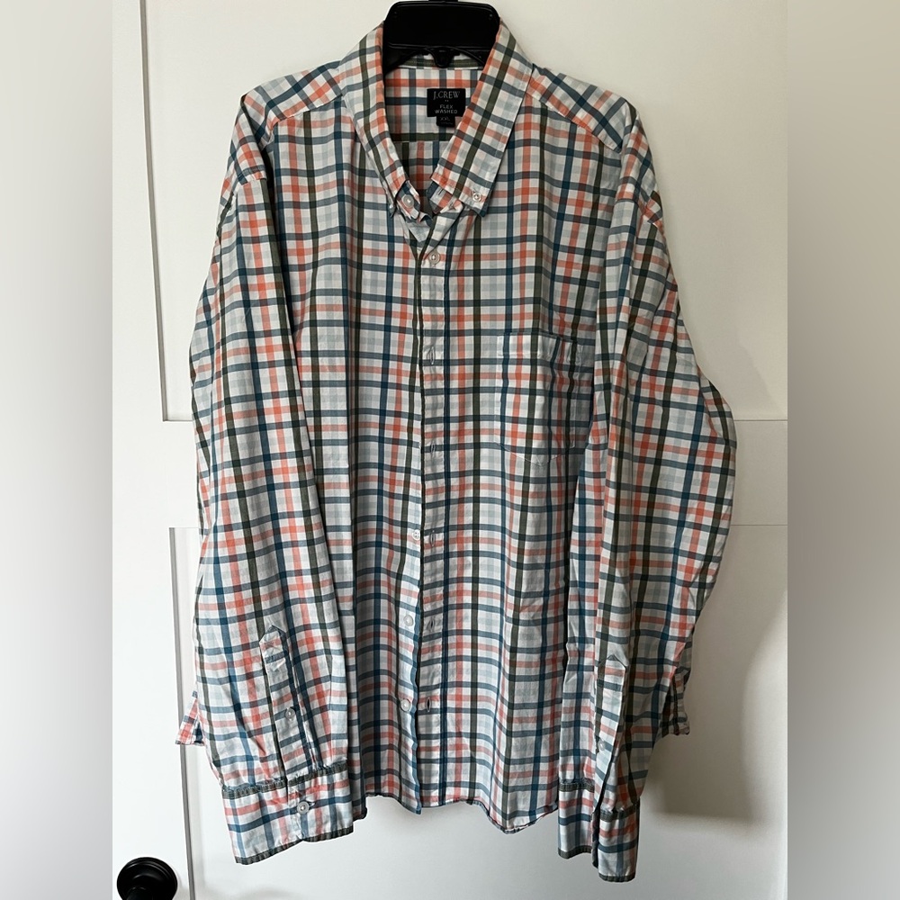 J. Crew Men's Orange and Blue Plaid Shirt, slim fit untucked design